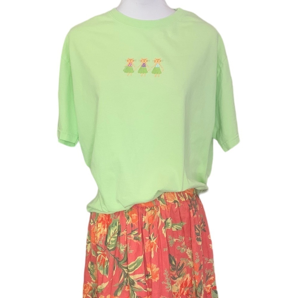 Fresh Produce Hula Dancing Cats Green Cotton Short Sleeve Tee Sz S